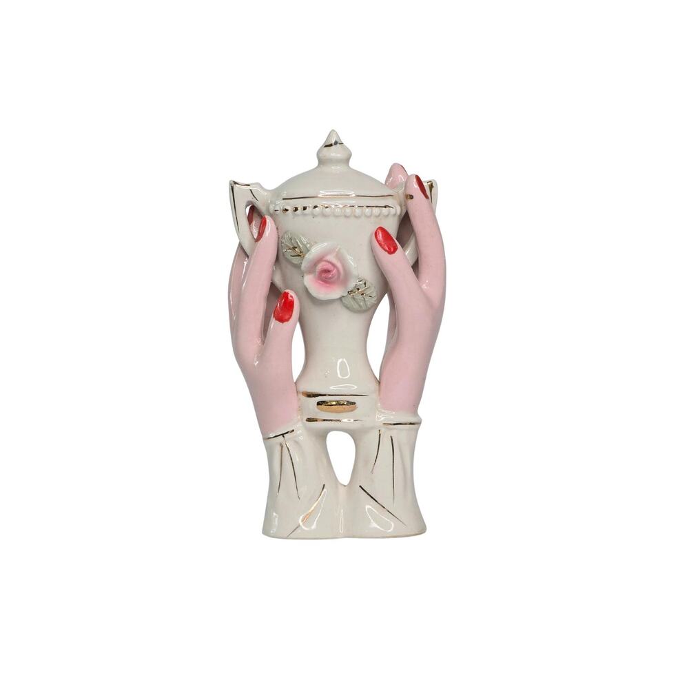 Vintage Hands Holding Vase Mid Century Ceramic, Hands with Red Painted Nails